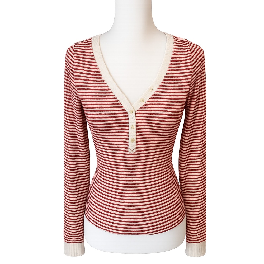 Abercrombie & Fitch Henley Shirt Womens Small Red White Striped Ribbed L/S Soft